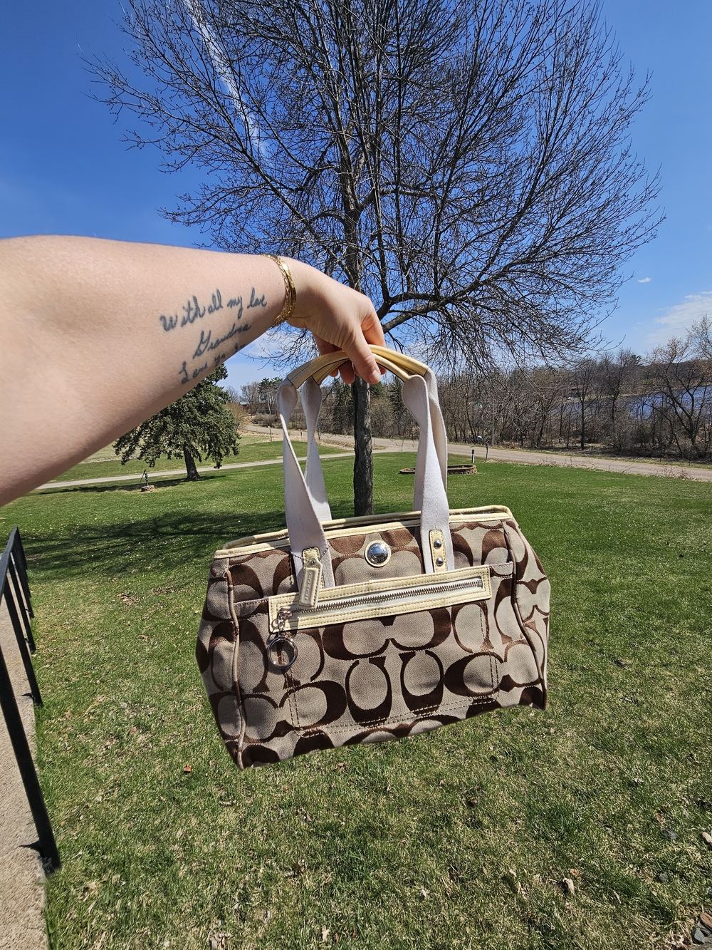 Coach Signature Canvas Brown Tote Bag with Gold Accents